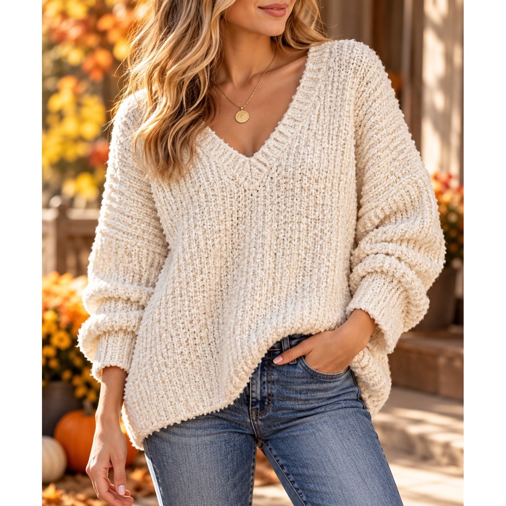 Wishlist Sweater Womens S Cream Chunky Boucle Knit V-Neck Slouchy Pullover